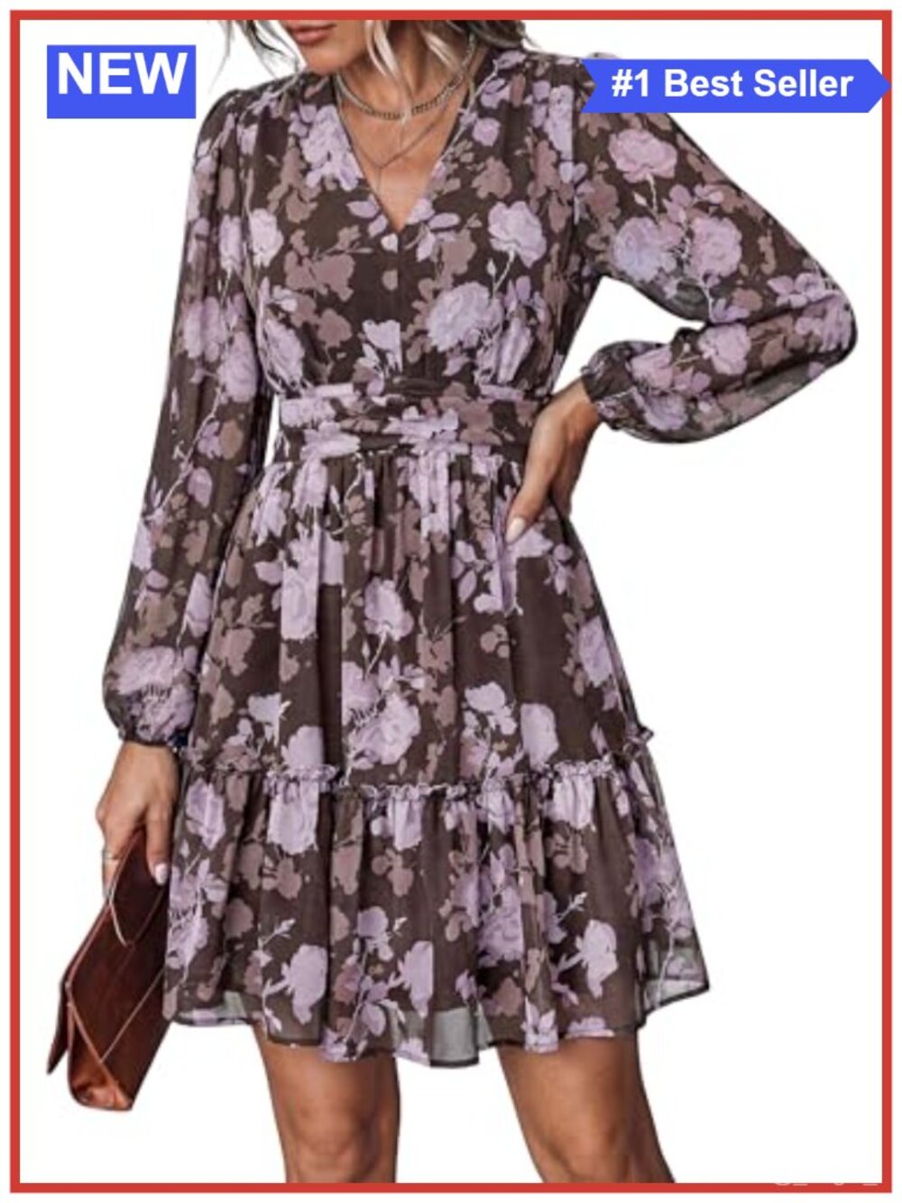 PRETTYGARDEN Women Floral Long Sleeve Mini Dress V-Neck A-Line Ruffle